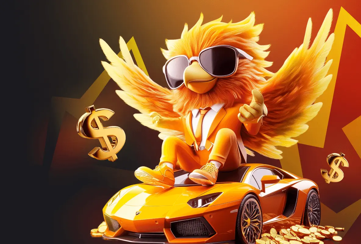 UcoBet mascotte op een sportwagen